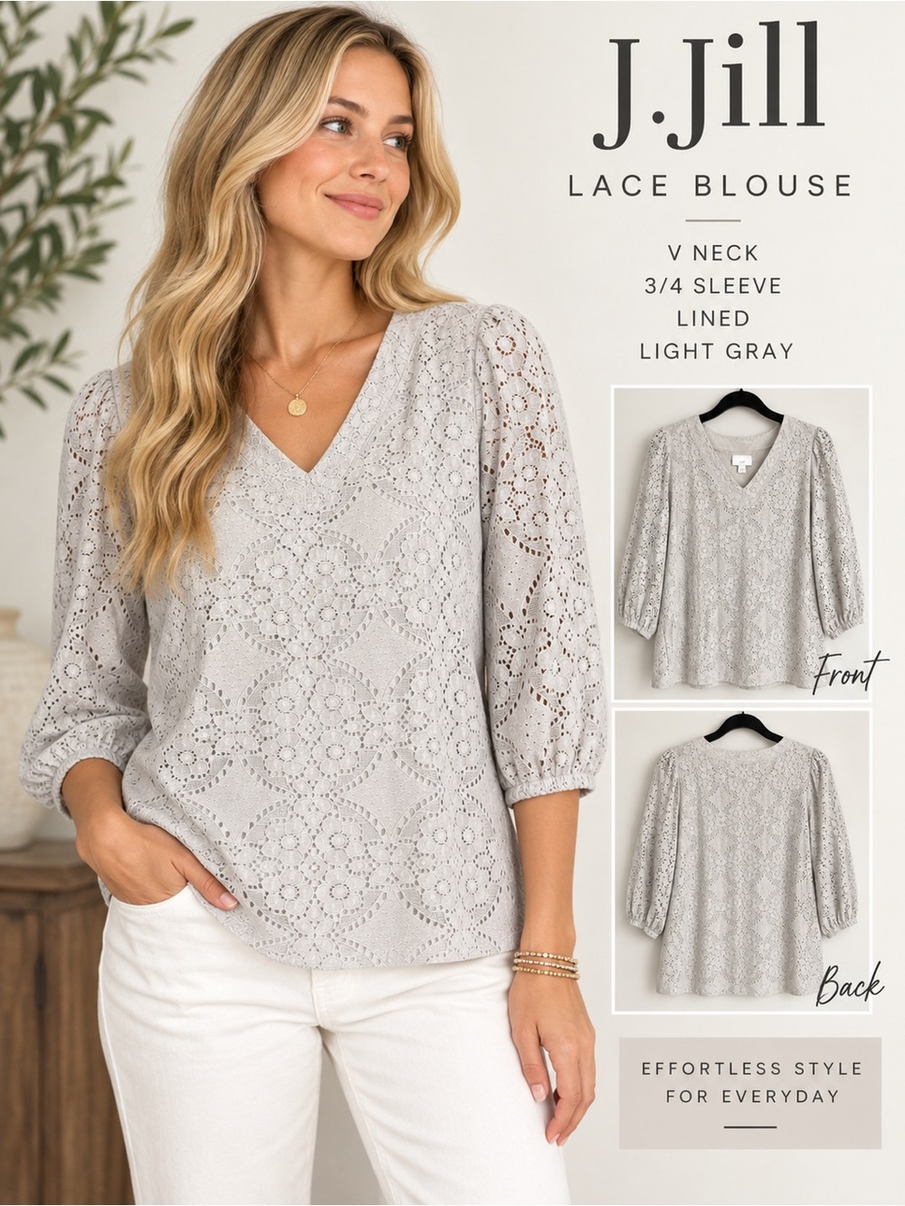 J. Jill Light Gray Lace V Neck Blouse Women’s M 3/4 Sleeve Lined Romantic